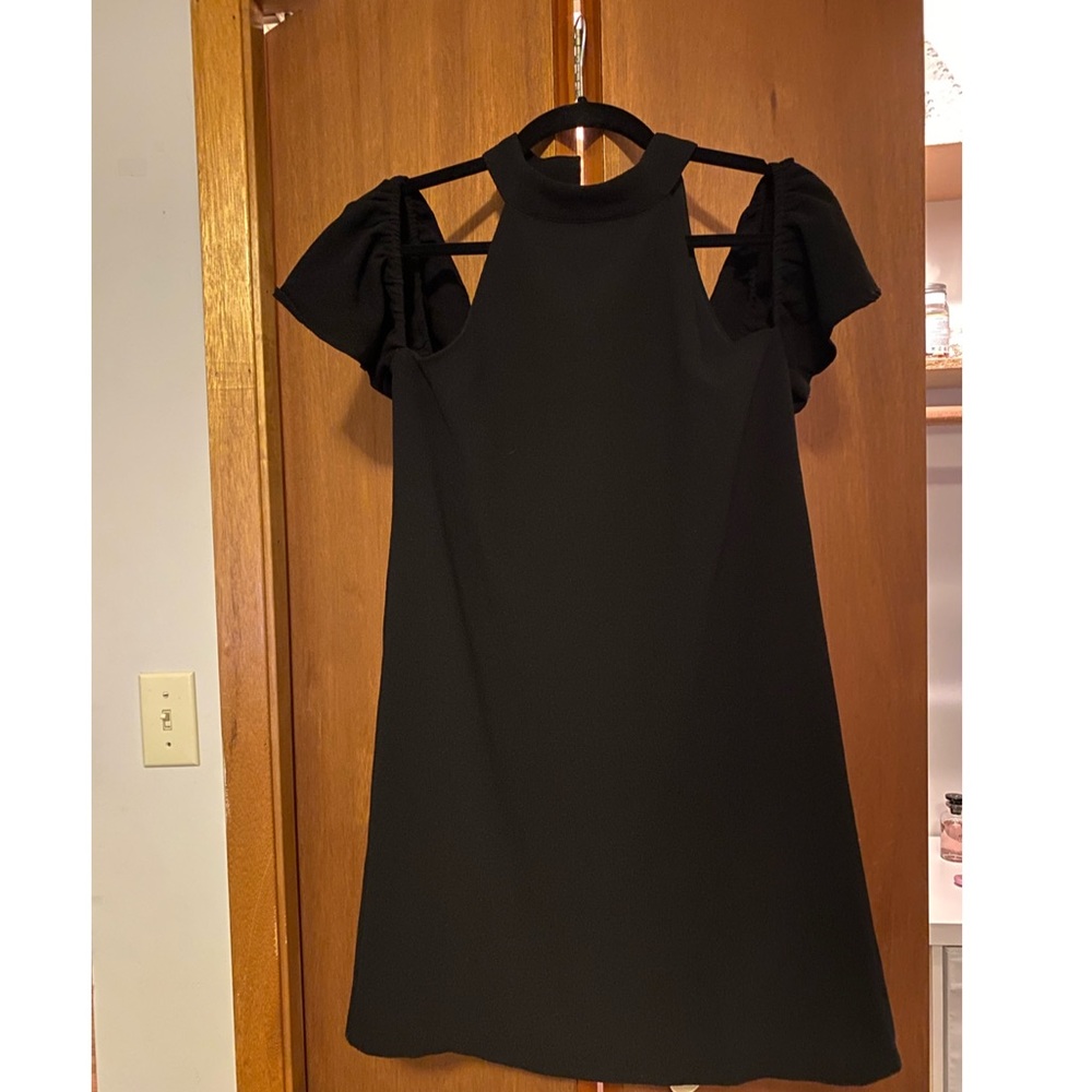 High Neck Black Dress with Off the Shoulder Sleeve